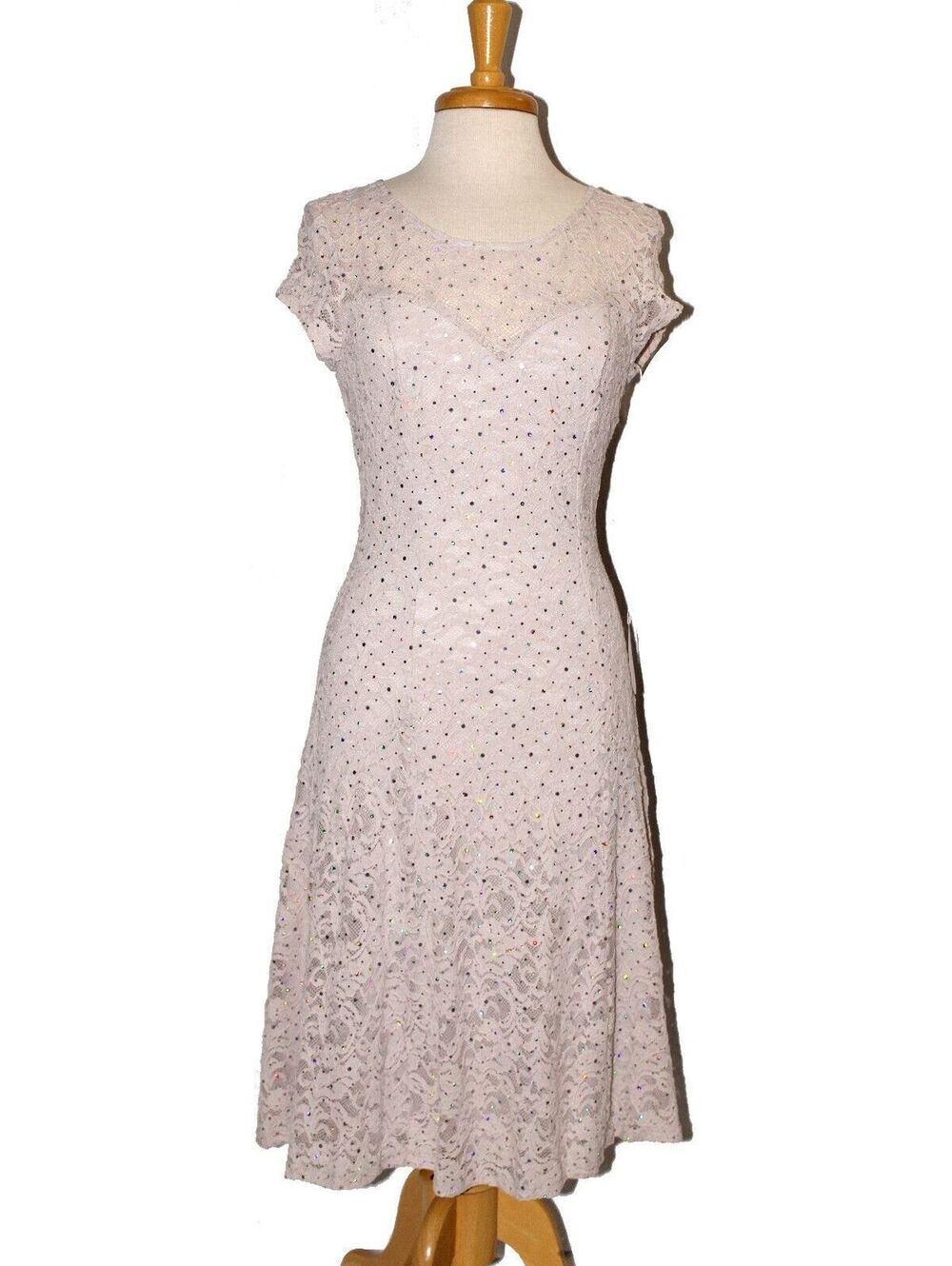 NWOT Fanny #1578 Short Stretch Lace Formal or Evening Dress-Size L-SILVER-NEW